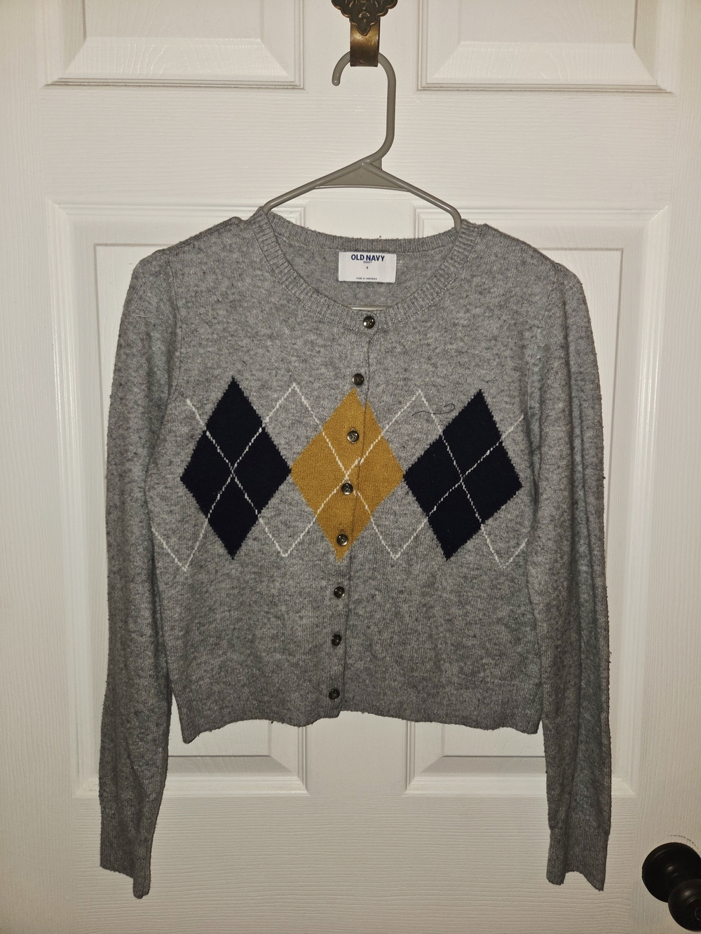Old Navy Gray Argyle Cardigan with Yellow and Navy Diamonds